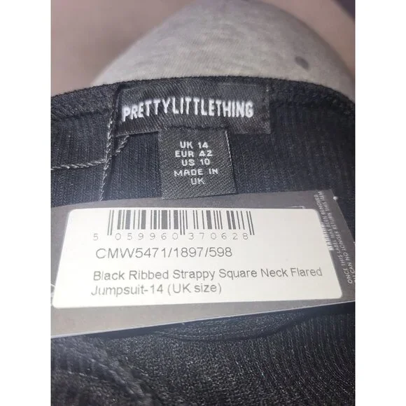 PrettyLittleThing Black Ribbed Strappy Square Neck Flared Jumpsuit Size10 - Picture 4 of 6